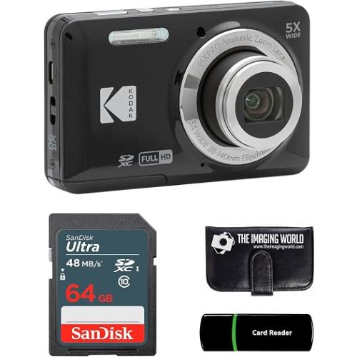 Kodak PIXPRO FZ55 Black 16MP Digital Camera 5X Optical Zoom 28mm Wide Angle 1080P Full HD Video 2.7" LCD Camera + 64GB Card and Reader + Memory Wallet