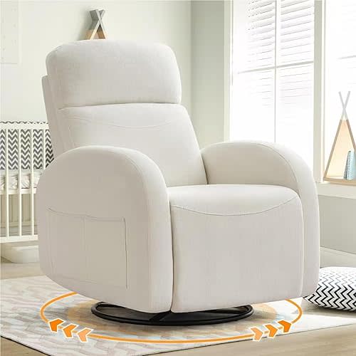 Swivel Recliner Rocker Nursery, Chenille Nursering Glider Recliner, Manual Swivel Rocking Reclining with Double Pockets for Living Room, Cream White