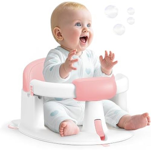 Baby Bath Seat for Babies Sitting Up, Non-Slip Baby Bath Chair with Strong Suction Cups, Lockable Armrest & High Back 360° Safety Support, Ideal for Active Toddlers 6-24 Months, Gray