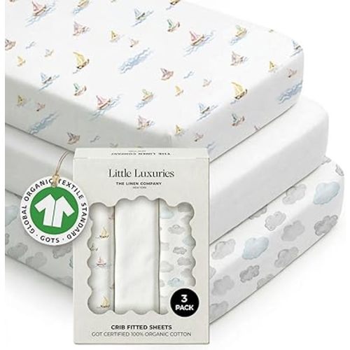 100% Organic Cotton Crib Sheets (3-Pack) - GOTS Certified - Breathable Organic Crib Sheets - Double-Elastic for Secure Fit, Extra Protection for Your Baby - Gender-Neutral Sheet (28"x55")/ 140 x 70cm