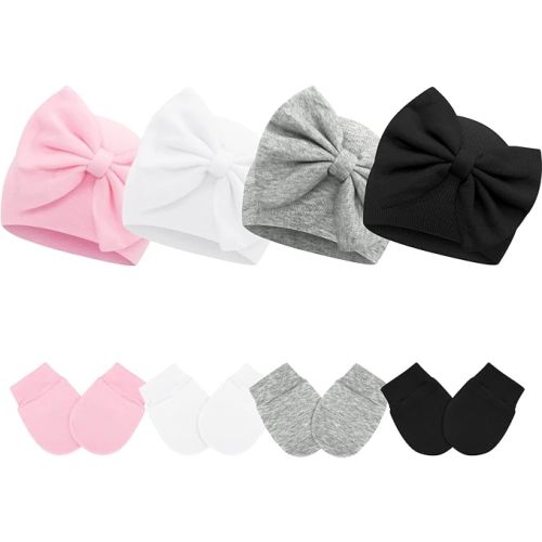 4 Pack Baby Hats 0-6 Months Newborn Hats for Girls with Bow Infant Hat Newborn Beanie Baby Hat and Mitten Set Cotton