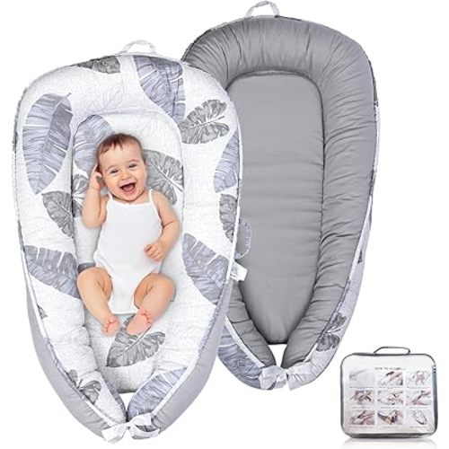 Baby Lounger – Infant Lounger for Newborn 0–24 Months, Baby Nest Lounger, Portable Newborn Lounger, Soft Breathable Cotton, Essentials for Babies at Home and Travel, Grey Feather