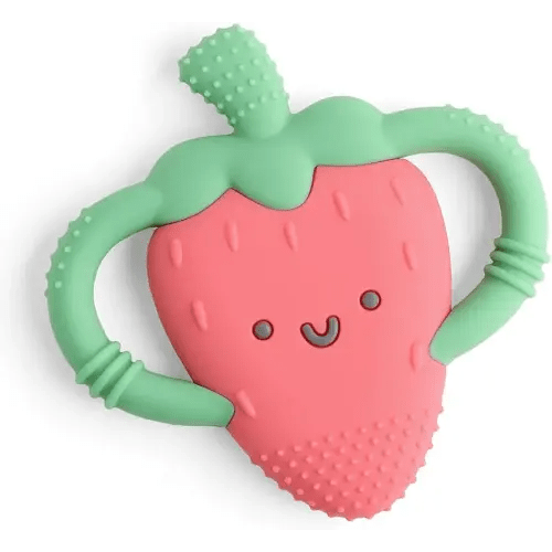 Itzy Ritzy Strawberry-Shaped Baby Teether with Handles; Silicone Teether for Babies with Easy-Grab Handles and Textured, Teethable Surfaces - Baby Teething Toy for 3 Months & Up (Strawberry)