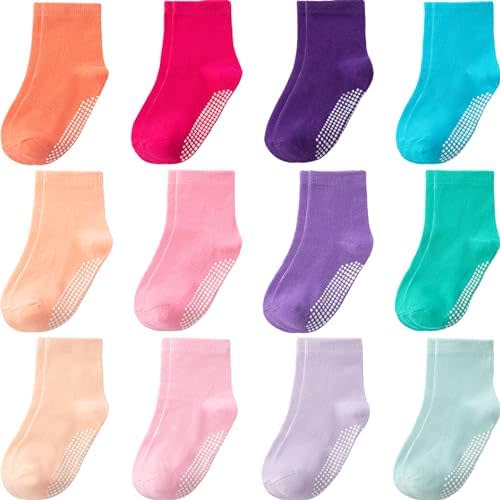 Baby Toddler Socks Grip Non Slip Boys Girls Cotton 12 Pack for Kids Ankle Cute Socks 6M-7Years