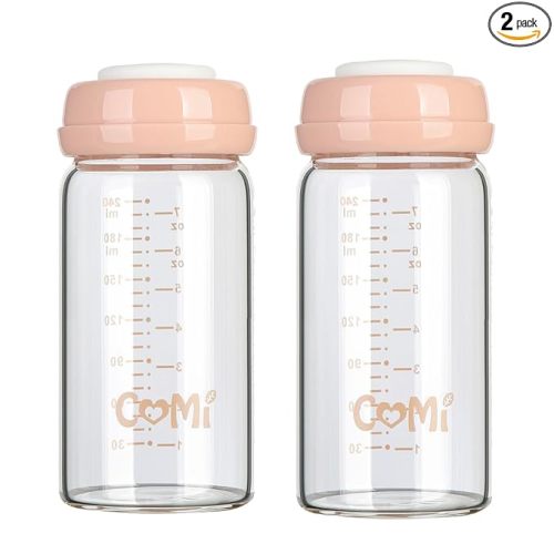 COMI Wide Neck Glass Breastmilk Collection n Storage Bottle, 8oz with Screw Ring Sealing Disk; Re-markable Sealing Disc. BPA Free, Fits Breast Pumps & Nipples (2 Pink Lids)