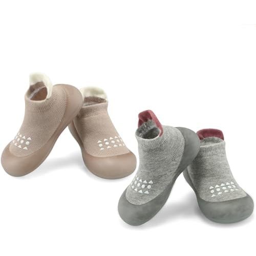 PandaEar 2 Pack Baby Sock Shoes Toddler Walking Shoes, Non-Slip Soft Sole Sneakers Breathable Slippers for Infant Boys Girls