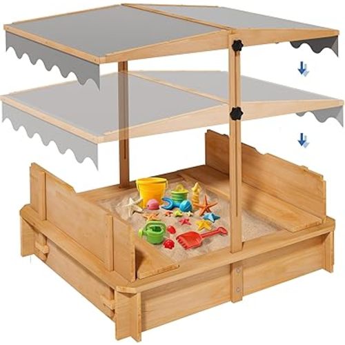 Sandbox with Lid & Cover, Wooden Kids Outdoor Sand Box with Height-Adjustable UV-Resistant Canopy, 2 Foldable Bench Seats & Bottom Liner, 43x43 Inch, Perfect for Backyard, Beach, Garden Play