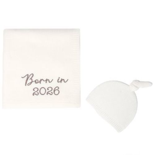 BONBINI NEW YORK Baby Knit Hat & Blanket Set – 0–6 Months - Ivory – Born in 2026