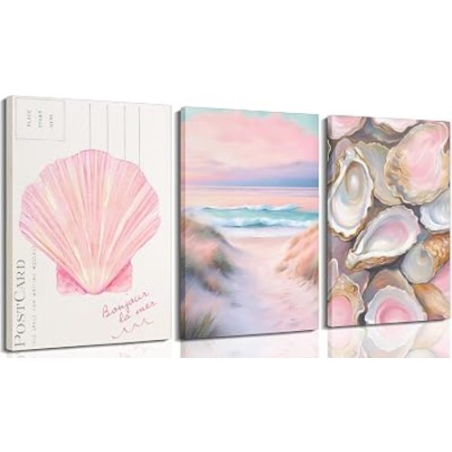 3Pcs Pink Oyster Shell Canvas Wall Art Coastal Granddaughter Painting Picture Wall Decor Preppy Girly Beach Poster Print Artwork for Beach House Apartments Girls Room Girls Dorm Home Decoration