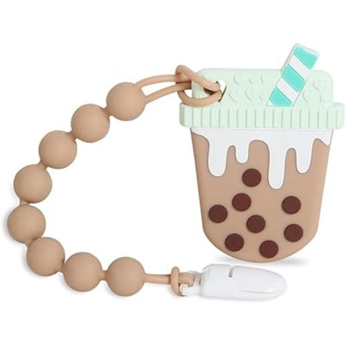 Baby Teething Toys,Food Grade Silicone Teether with One-Piece Pacifier Clip Holder,Shower Gift,Highly Effective Pain Relief for 3 Months+ Boy and Girl,BPA Free,Freezer Safe. (Bubble Tea Cup)