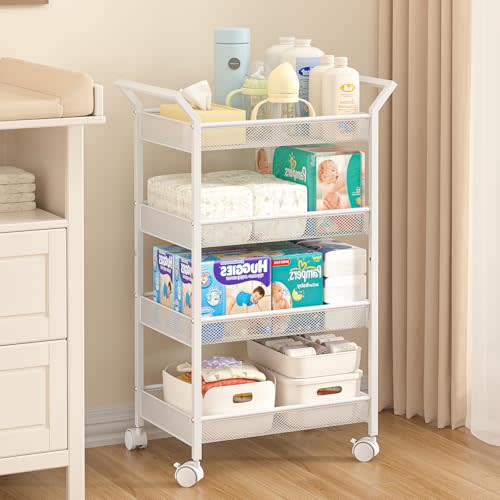 3IngSeagulls Baby Diaper Caddy Cart, 4-Tier Diaper Caddy Organizer and Storage, Rolling Utility Cart for Baby Supplies, Diaper Cart with Wheels for Bedroom, Nursery, Changing Table, White