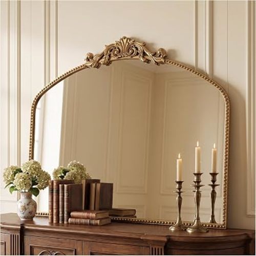 40"x30" Vintage Gold Wall Mirror, Beaded Baroque Mirror