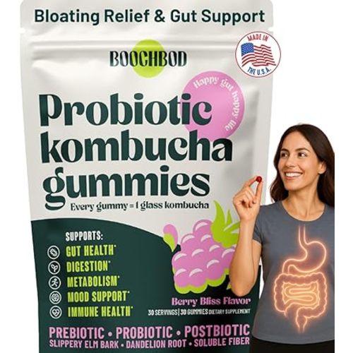 Probiotic Kombucha Gummy - Prebiotics, Probiotics, Postbiotics, Fiber Supplement, Slippery Elm, Dandelion Root, MCT Oil, for Bloating, Gut Health - Probiotics for Women and Men