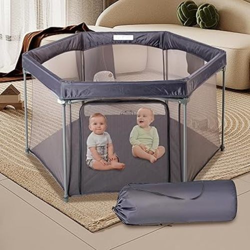 Baby Playpen 53x53 Inch, Indoor/Outdoor Portable Play Yard No Extra pad Required with Breathable Mesh Walls, Enclosed Safe Space for Babies, Quick Foldable Playpen for Home Travel Park (Grey)