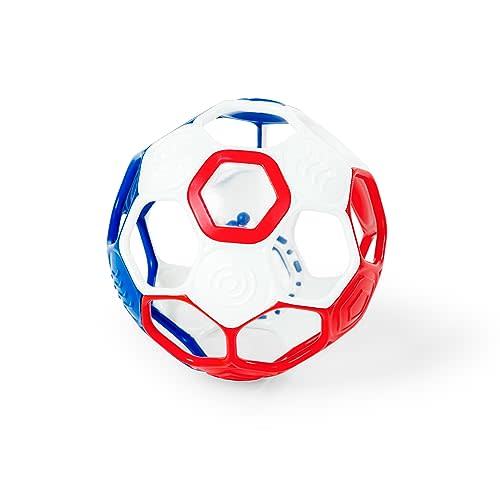 Bright Starts Oball Grippin' Goals Rattle Soccer Ball - Red, White & Blue, Easy-Grasp Toy for Newborn and Up