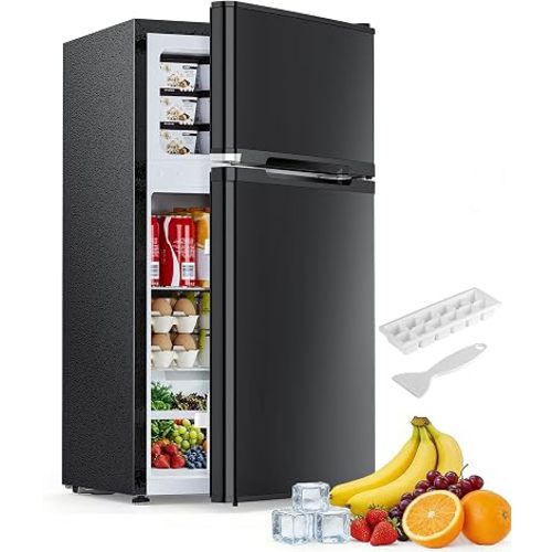 Electactic 2.6 Cu.Ft Mini Fridge with Freezer, Double-Door Compact Refrigerator, Adjustable Glass Shelves, Mechanical Thermostat & Built-in Casters, Space-Saving for Apartment/Dorm/Office, Black