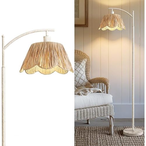 Oneach Farmhouse Floor Lamps for Living Room, Boho Floor Lamp for Bedroom with Foot Switch, Rattan Floor Lamp for Reading with Hand-Woven Shade, Antique White Metal Base & Pole