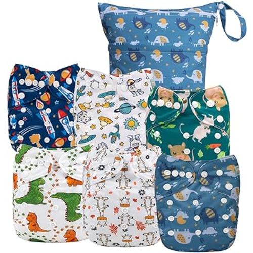 ALVABABY 6pcs Cloth Diaper Covers &1 Wet Dry Bag, Washable Reusable Cloth Nappy Shell for Prefold with Multi-Functional Bag, Flat or Fitted Diaper Inserts 6NKZ06