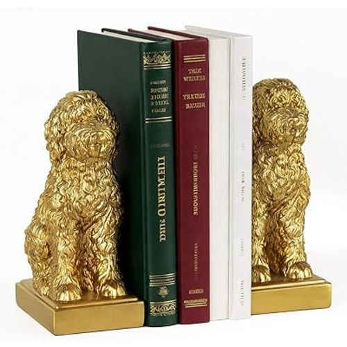 Poodle Decorative Bookends for Shelves, Dog Book Ends for Heavy Books, Toy Poodle Statues Bookends for Heavy Books with Anti-Slip Base Book Holders for Home Office Decor (Gold)