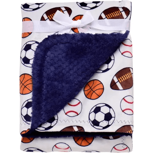 2 Ply Silky Baby Blanket, Reversible to Plush Fabric, Sports Print (Navy Blue, 30 in. x 40 in.) Baseball, Soccer, Basketball, Football