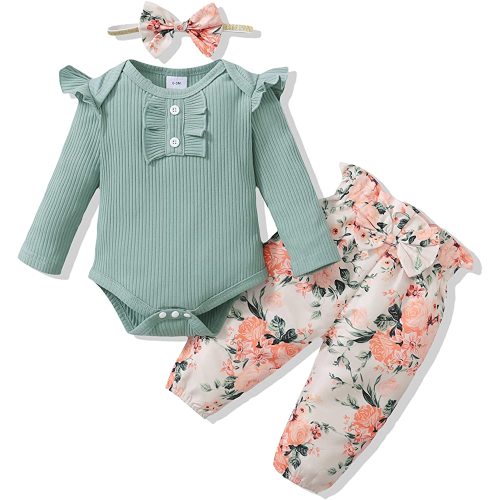 Newborn Baby Girl Clothes Infant Girls Outfits Ruffle Sleeve Romper Bodysuit Floral Pants Toddler Baby Girl Outfits