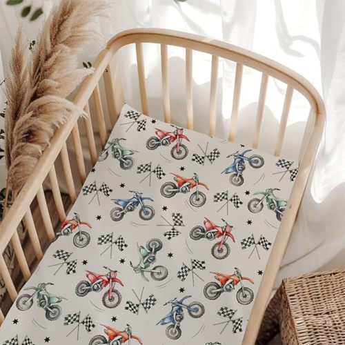 Vintage Motor Dirt Bike Baby Crib Sheet for Boys & Girls 28x52 Inch Cute Race Bikes Plaid Checker Flag Stars Baby Sheet for Standard Crib and Toddler Mattress Toddler Bed Sheet Bike One Size