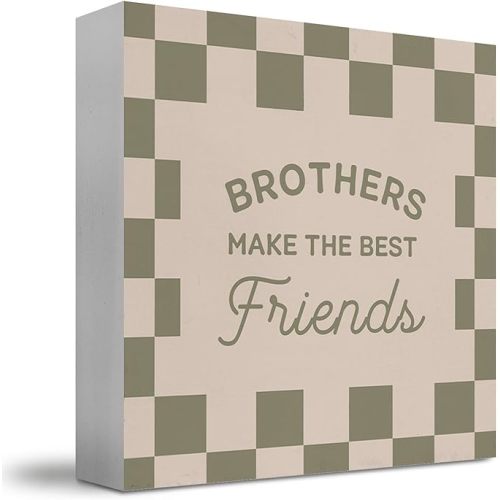 Boys Room Decor Wooden Box Sign, Brothers Make the Best Friends Neutral Checkered Wood Block Box for Kids Boy Nursery Room Bedroom Playroom Desk Shelf Table Decor, 5x5 Inch FY-mh-784