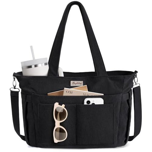 Bagstellar Corduroy Tote Bag for Women, 17 Pockets Laptop Work Tote Bag Lightweight Teacher Nurse Bible Bag for School Travel | with 40oz Cup Holder