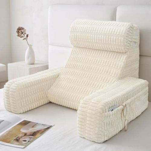 Almohada de lectura de 19 pulgadas para cama con brazos integrados y bolsillos grandes, cojín de respaldo de apoyo para leer, descansar o reclinarse, funda lavable, color marfil