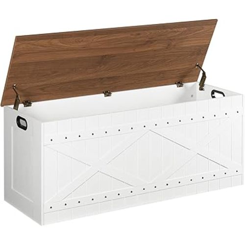 47.2" Storage Chest, Extra Large Toy Box with 2 Safety Hinges, Wooden Toy Chest, Storage Bench with Rivets, Storage Trunk for Bedroom, Living Room, Entryway, White and Brown SCBZ18501