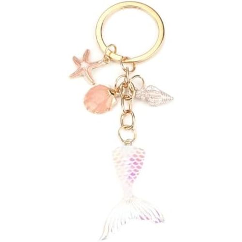 Pink Mermaid Tail Keychain with Ocean Themed Charms, Mermaid Keychain for Women, Beach Ocean Key Chain