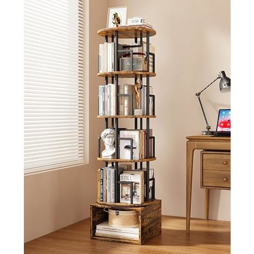 5 Tier Rotating Bookshelf with Extra Storage Cabinet, 360°Spinning Corner Bookshelf, Floor Standing Bookcase for Kids & Adult, Narrow Book Shelf for Bedroom Living Room, Vintage Brown