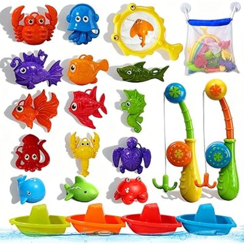 Bath Toys for Kids Ages 1-3, 22 PCS Mold-Free Toddler Bath Toys with Fishing Toy Game Fishing Pole Rod Net & Boats& No Hole Tub Toys with Mesh Bag, Water Pool Toys for Kids Ages 1 2 3 4 5 6 Years Old