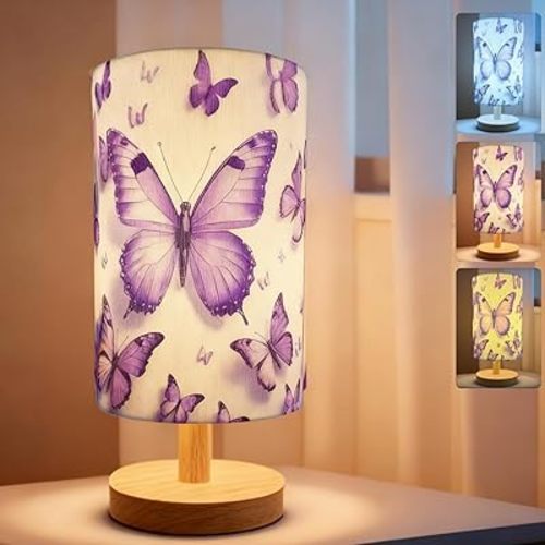 Butterfly Lamp, Butterfly Lamps for Girls Bedroom,3 Color Night Light Wood Nightstand Desk Base Flaxen Fabric Shade for Bedroom Living Room, Butterflys Lovers Gifts, LED Bulb Included（purple lamp）
