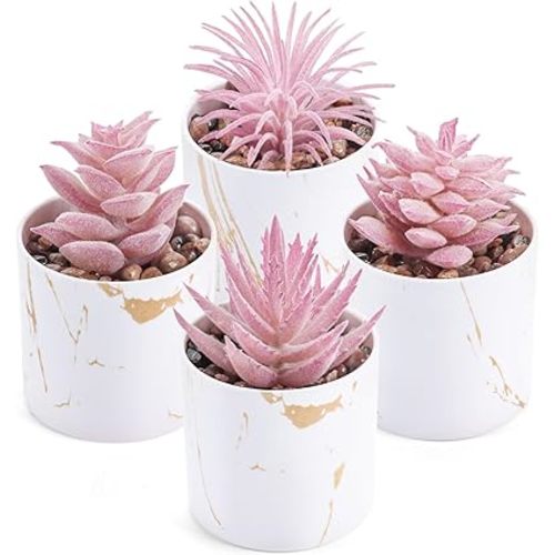 Der Rose 4 Packs Fake Succulents Plants Artificial Indoor for Pink Room Bathroom Decor Office Desk Accessories for Women