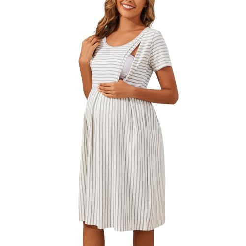 Ecavus Women's Nursing Dress Short Sleeve Hidden Zipper Maternity Breastfeeding Dress with Pockets