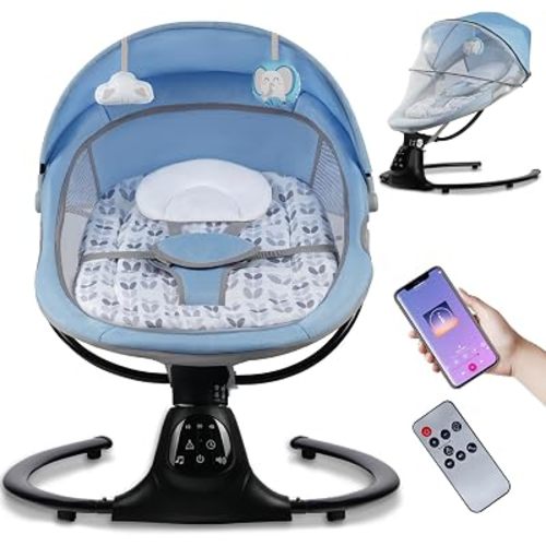 Baby Swing for Infants, 0-9 Months Baby Swing Support Music Playback, 5 Sway Speed, Electric Swing for Baby with Remote Control, Indoor & Outdoor Use (Blue)