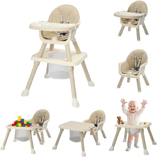 JOYMOR 7 in 1 High Chair for Babies and Toddlers, Convertible Kids Learning Table and Chair with Large Baske for Storage (Beige)