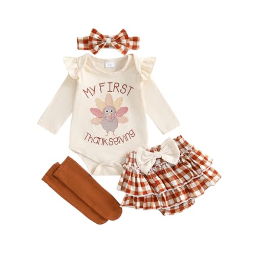 Yuemengxuan Newborn Baby Girl Thanksgiving Outfit Letter Print Romper Ruffle Skirt Shorts Headband Socks Set 4 Infant Clothes