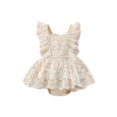 VOLTEY Infant Baby Girls Summer Romper Outfit, Toddler Girls Plain Floral Lace Embroidery Skirt Layered Adjustable Straps One-Piece, Snap Triangle-Bottom Jumpsuit, 0-24 Months