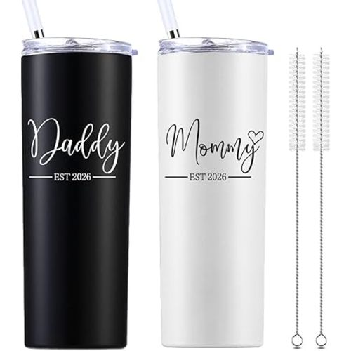 momocici Daddy and Mommy Est 2026 20 OZ Skinny Tumbler.New Parents Gifts.Pregnancy Anniversary Parents to be Couple Gift.Gifts for New Dad New Mom Mother's Day Father's Day.(Black&White)
