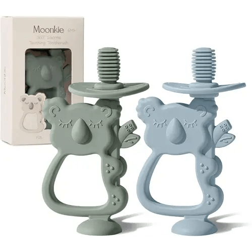 Moonkie Teething Toy Set of 2, Safe & Easy to Hold BPA Free Silicone Teethers, 360° Baby Toothbrush with Suction Base, Teether Toys Best for Babies 6-12 Months (Koala Ether/Sage)