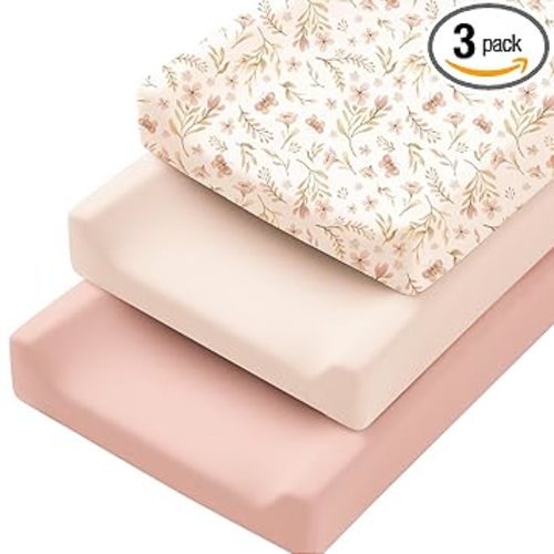 Konssy 3 Pack Stretchy Changing Pad Covers for Girl, Boy, Silky Soft Changing Table Cover, Breathable Baby Nursery Diaper Chang Pad Sheets (Pink Spring)