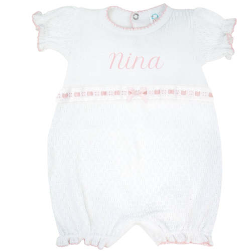 Paty Knit Monogrammed Baby Girl Bubble with Eyelet Trim