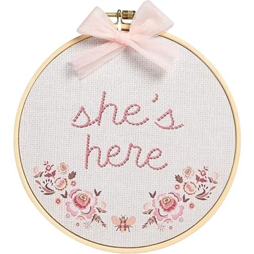 Kate & Milo She’s Here Baby Announcement Photo Prop – Embroidery Style Printed Newborn Arrival Sign with Pink Bow, Floral Paper Printed Embroidery Hoop for Baby Girl Photos, Hospital & Newborn Photo Shoot