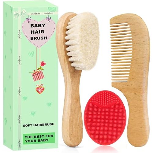 Baby Hair Brush and Comb Set for Newborns & Toddlers | Wooden Baby Brush Set with Soft Goat Bristles l Wood Comb l Red Cradle Cap Brush| Ideal for Cradle Cap (3 Piece)