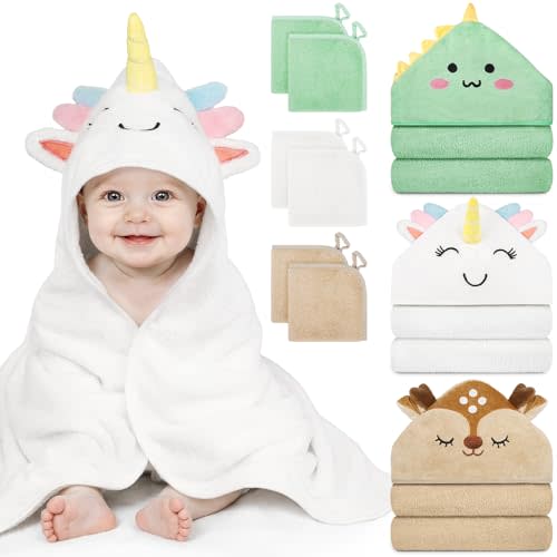 CandyHome 9 PCS Baby Bath Towels for Infants Toddlers, 3 PCS Animal Hooded Baby Towels & 6 PCS Washcloths Set, Ultra Absorbent Soft Cute Newborn Bath Essentials Gifts for Boys & Girls