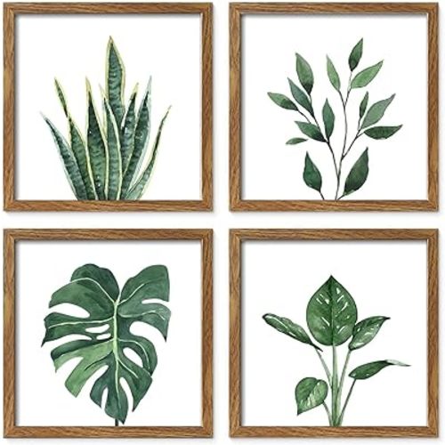ArtbyHannah Framed Bathroom Wall Decor, 10x10 Inch Botanical Wall Art with Sage Green Plant Print for Wall Decoration, Minimalist Restroom Decor (Walnut)