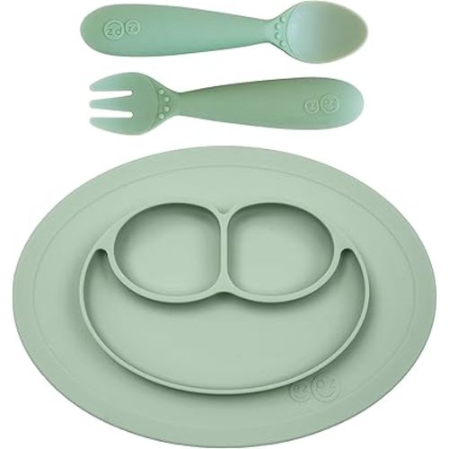 ezpz Mini Mat (Sage) + Mini Utensils (Fork & Spoon in Sage) - Toddler essentials mat and spoon