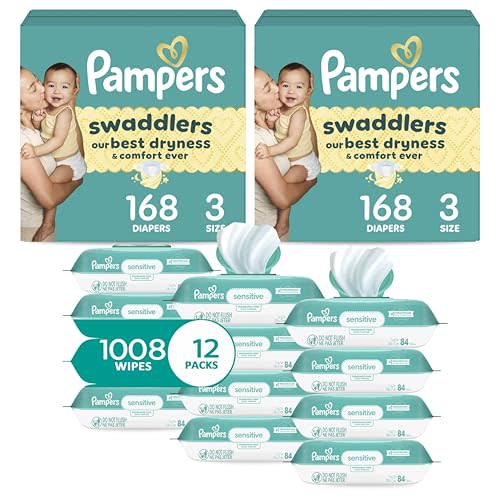 Pampers Swaddlers Disposable Baby Diapers Size 3, 2 Month Supply (2 x 168 Count) with Sensitive Water Based Baby Wipes 12X Multi Pack Pop-Top and Refill (1008 Count)